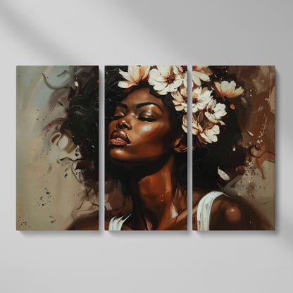 Black Woman with Flowers, Eyes Closed. Figurative Canvas Art as 3-panel split version