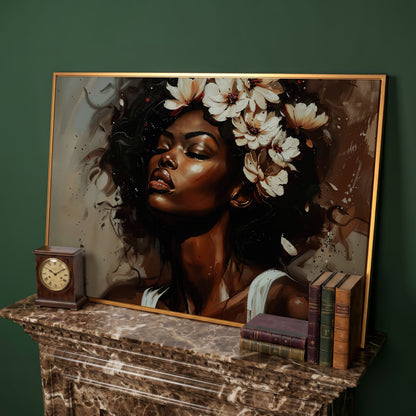 Black Woman with Flowers, Eyes Closed. Figurative Canvas Art in antique gold floating frame