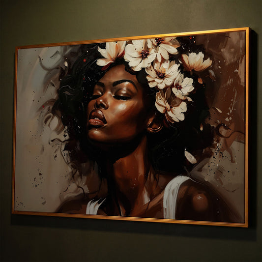 Black Woman with Flowers, Eyes Closed. Figurative Canvas Art shown in antique gold floating frame