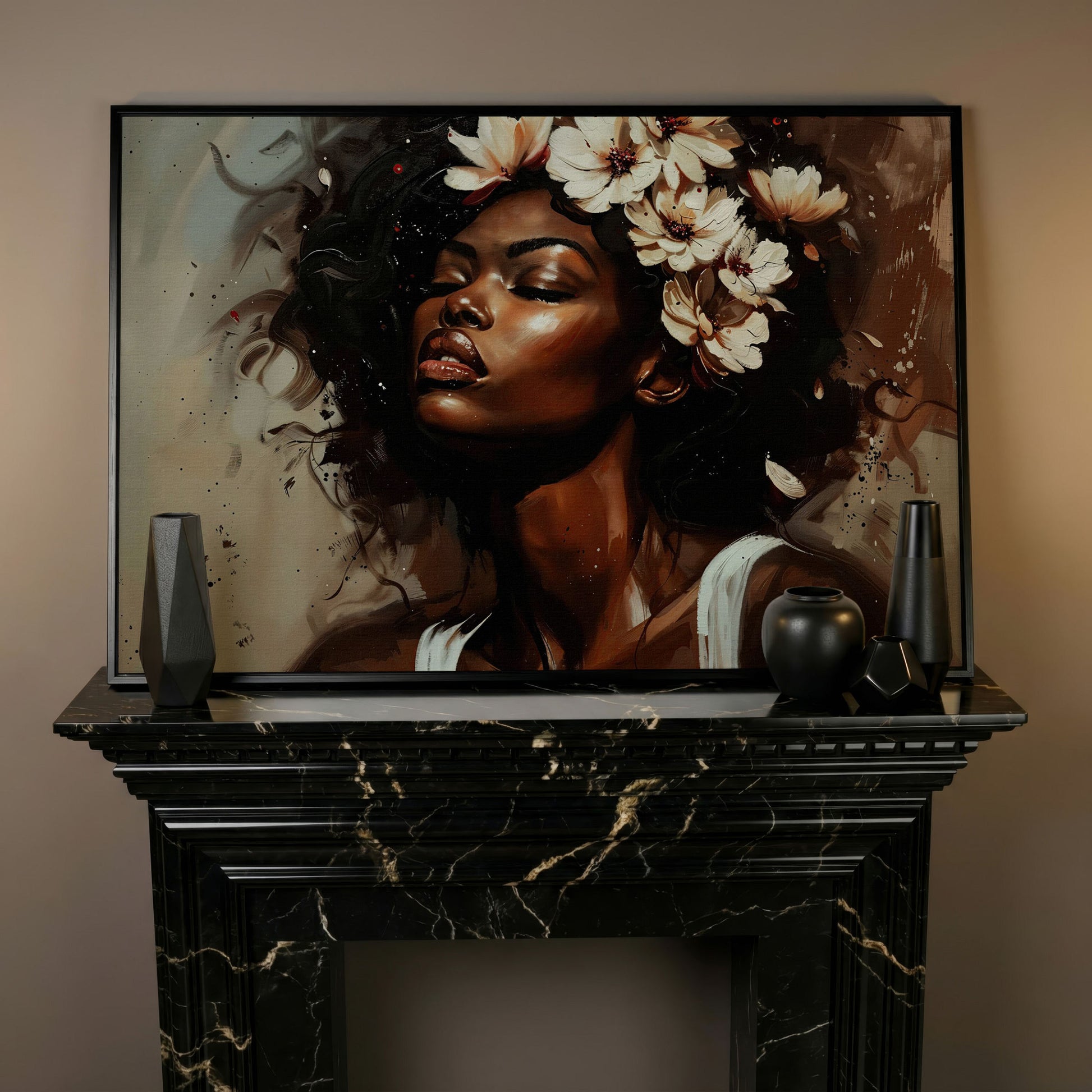 Black Woman with Flowers, Eyes Closed. Figurative Canvas Art in black floating frame