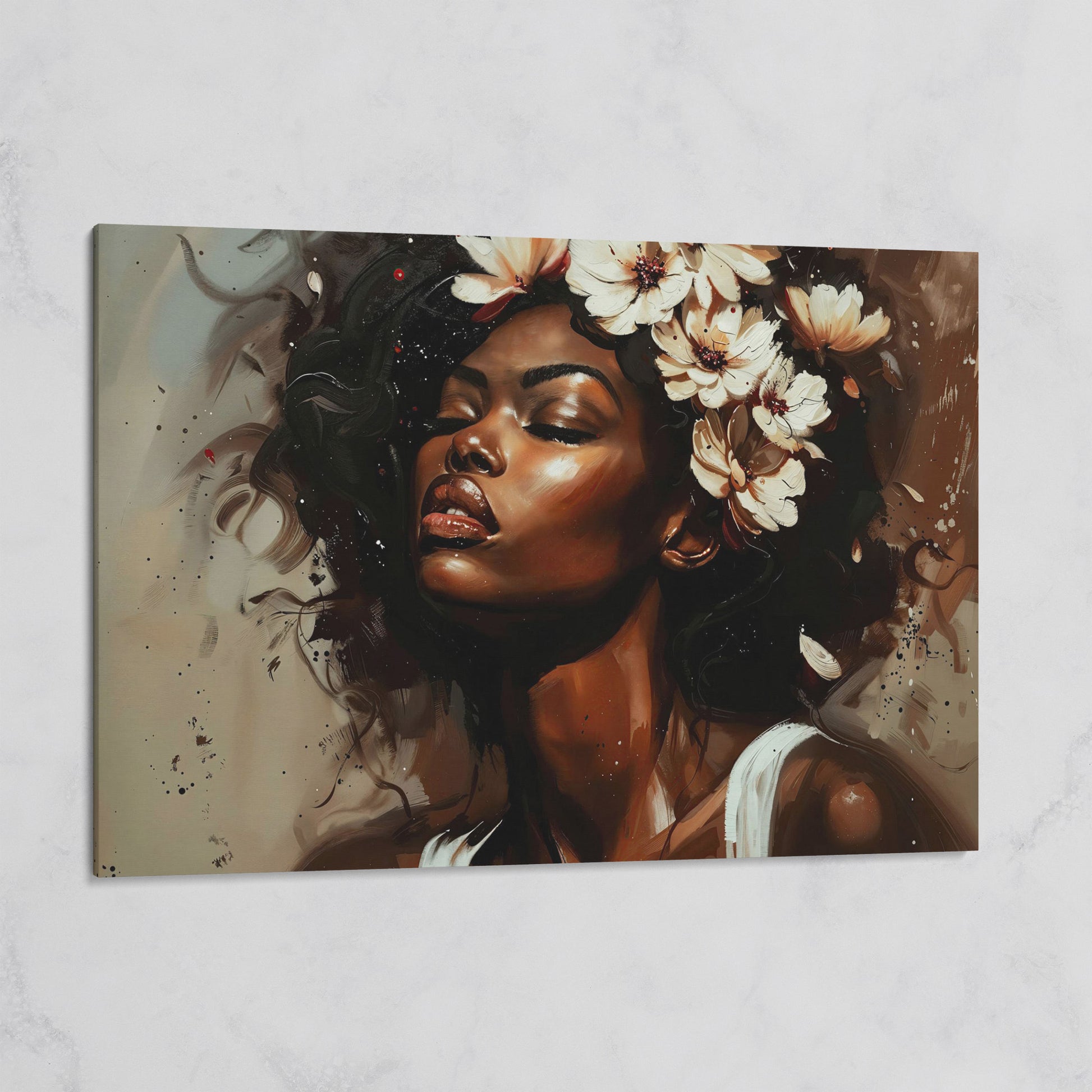 Black Woman with Flowers, Eyes Closed. Figurative Canvas Art on gallery wrap