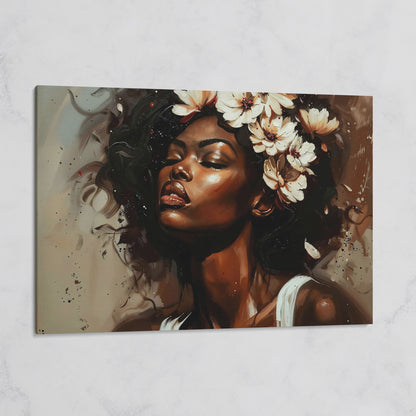 Black Woman with Flowers, Eyes Closed. Figurative Canvas Art on gallery wrap