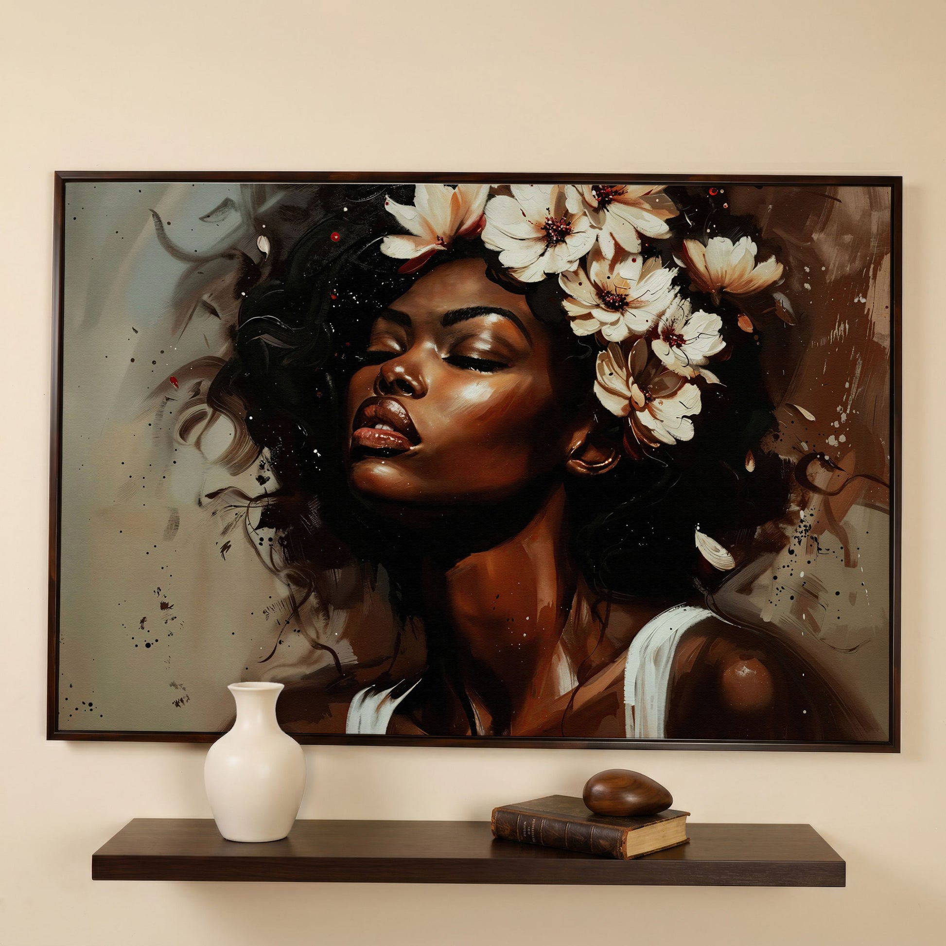 Black Woman with Flowers, Eyes Closed. Figurative Canvas Art in dark walnut floating frame
