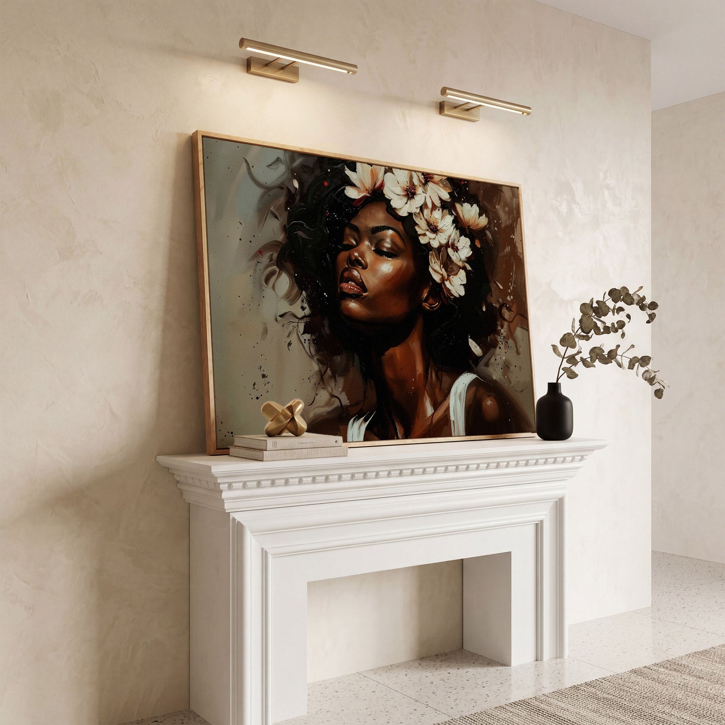 Black Woman with Flowers, Eyes Closed. Figurative Canvas Art in white oak floating frame