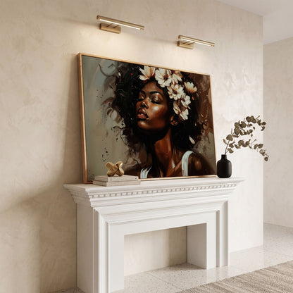 Black Woman with Flowers, Eyes Closed. Figurative Canvas Art in white oak floating frame