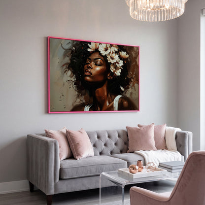 Black Woman with Flowers, Eyes Closed. Figurative Canvas Art in pink floating frame