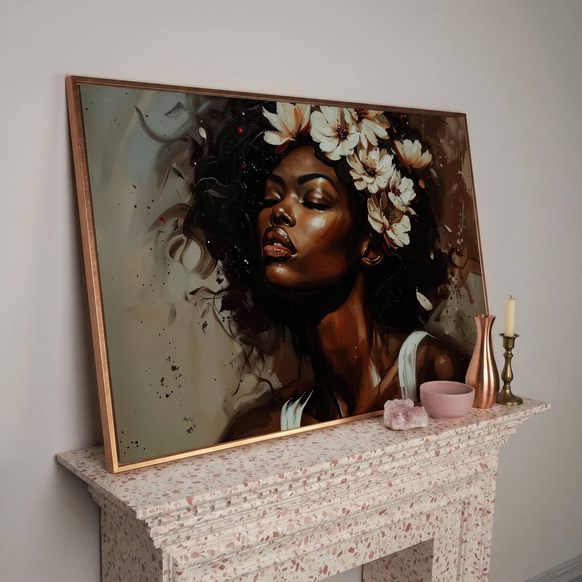 Black Woman with Flowers, Eyes Closed. Figurative Canvas Art in rose gold floating frame