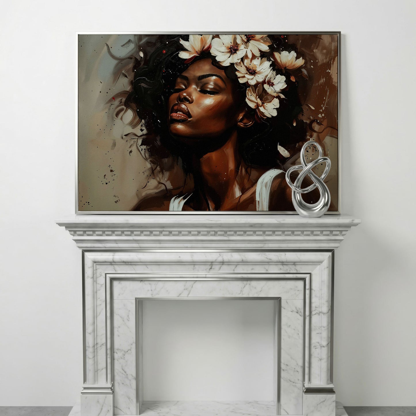 Black Woman with Flowers, Eyes Closed. Figurative Canvas Art in silver floating frame