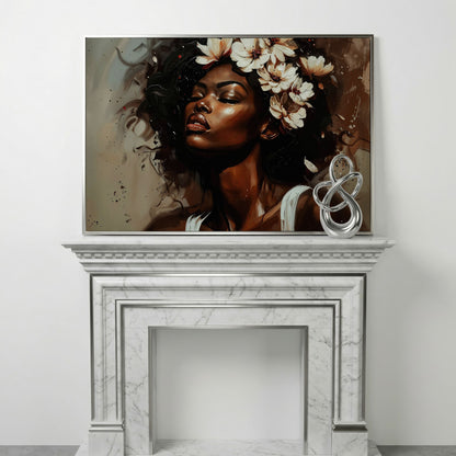 Black Woman with Flowers, Eyes Closed. Figurative Canvas Art in silver floating frame