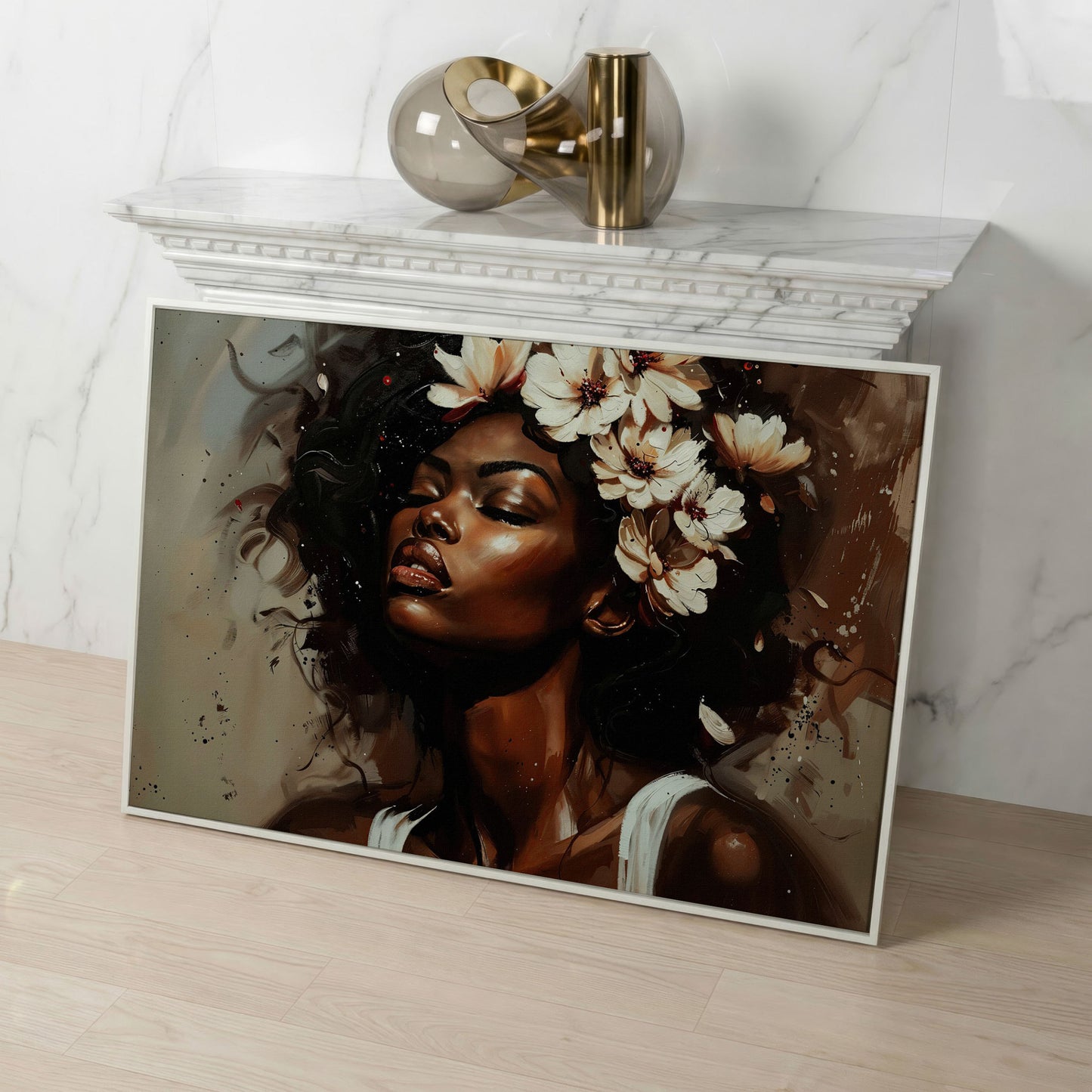 Black Woman with Flowers, Eyes Closed. Figurative Canvas Art in white floating frame