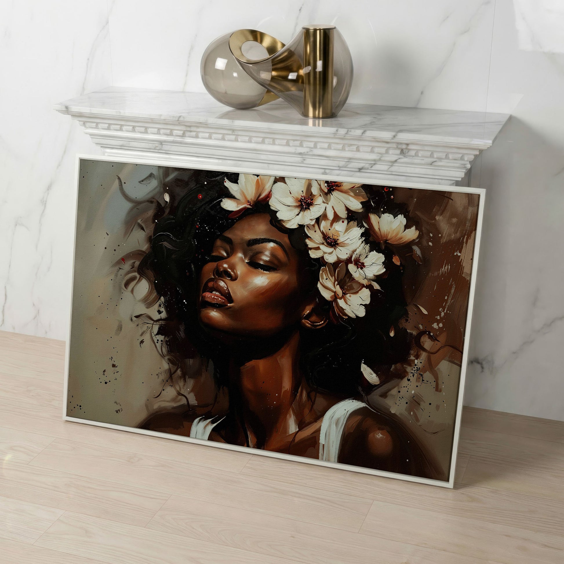Black Woman with Flowers, Eyes Closed. Figurative Canvas Art in white floating frame