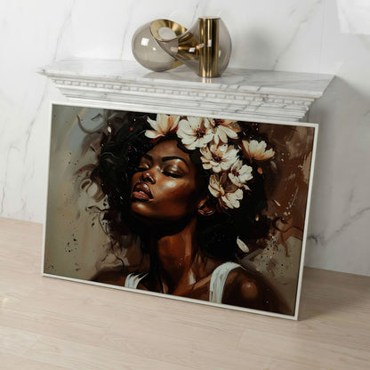 Black Woman with Flowers, Eyes Closed. Figurative Canvas Art in white floating frame