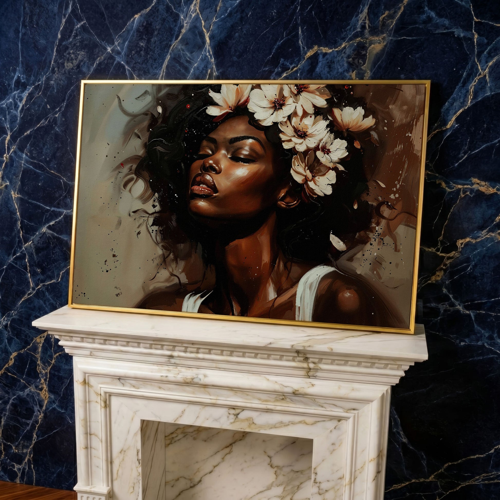 Black Woman with Flowers, Eyes Closed. Figurative Canvas Art in yellow gold floating frame