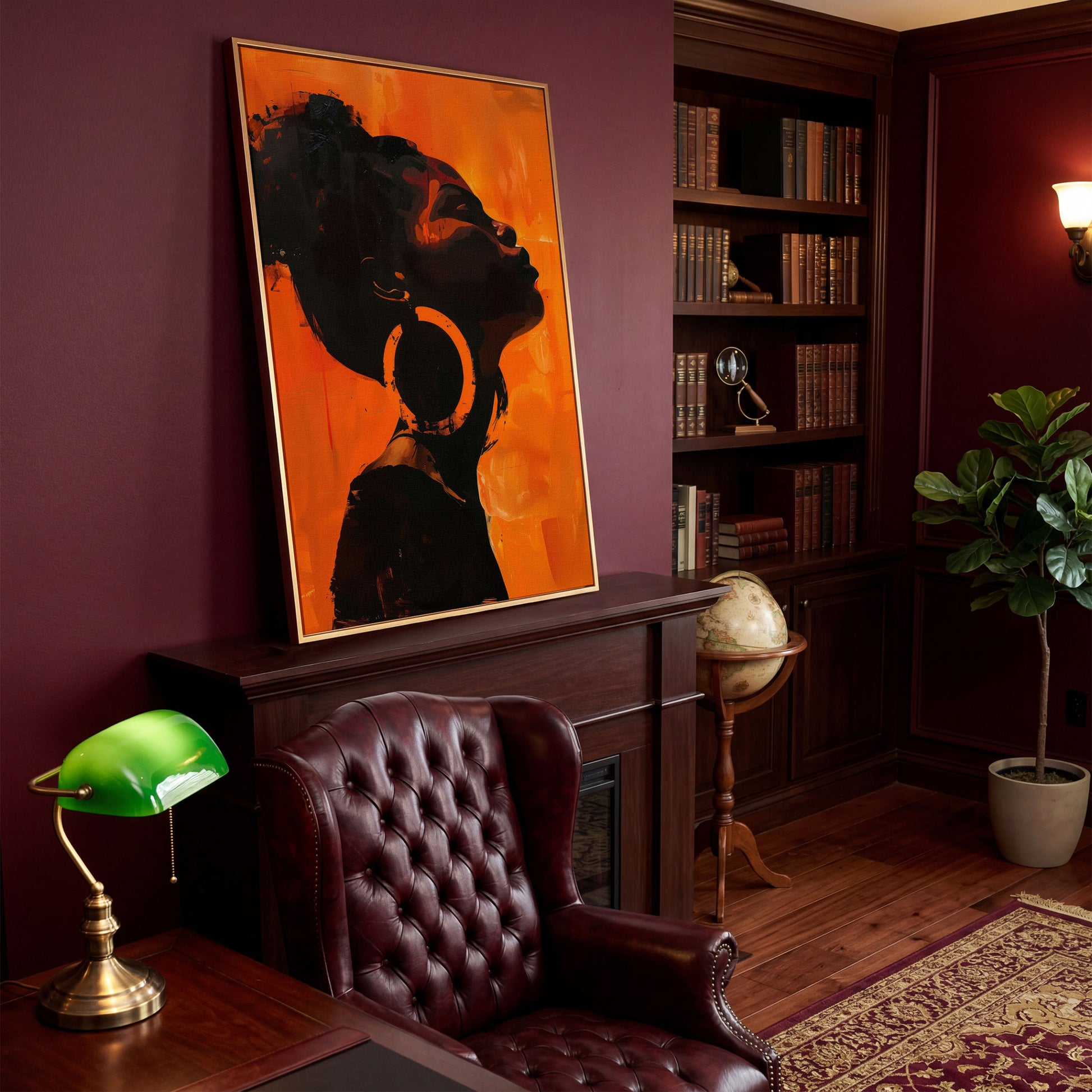 African American Woman Portrait Canvas Art in antique gold floating frame