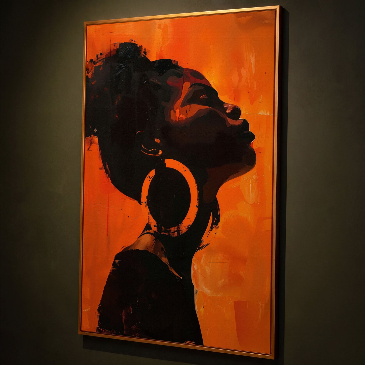 African American Woman Portrait Canvas Art shown in antique gold floating frame