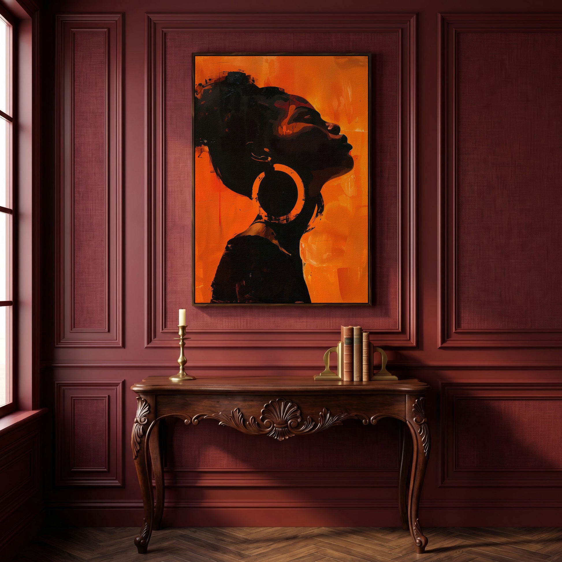 African American Woman Portrait Canvas Art in dark walnut floating frame