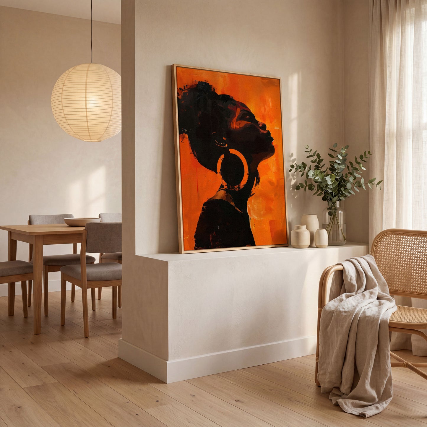 African American Woman Portrait Canvas Art in white oak floating frame