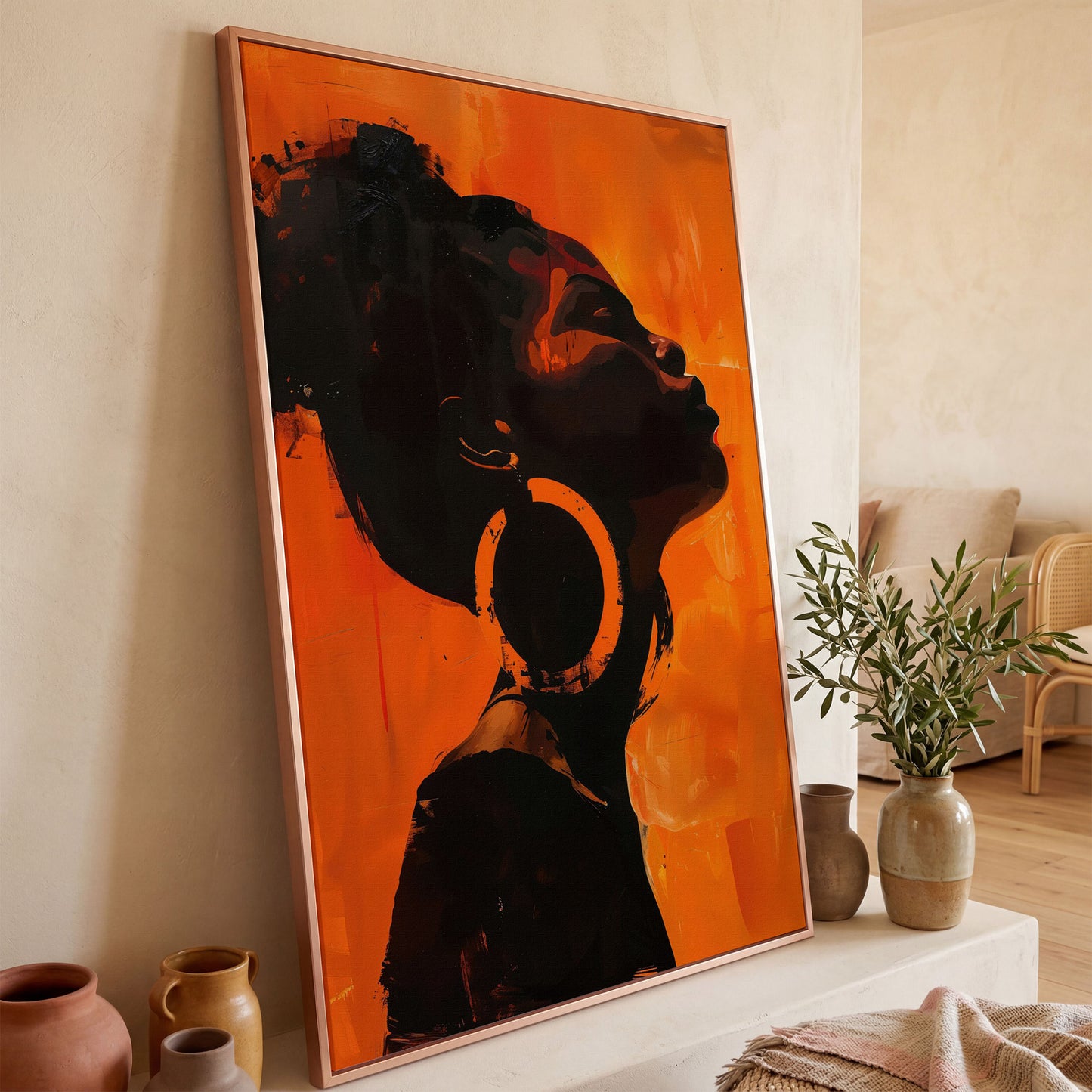 African American Woman Portrait Canvas Art in rose gold floating frame