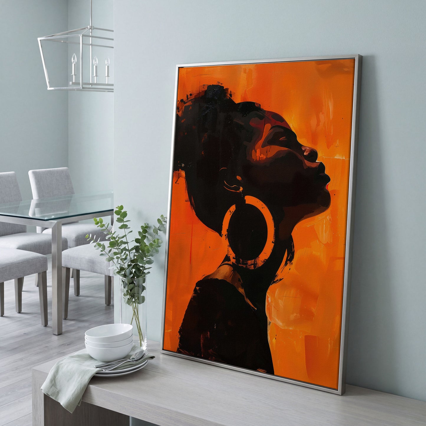 African American Woman Portrait Canvas Art in silver floating frame
