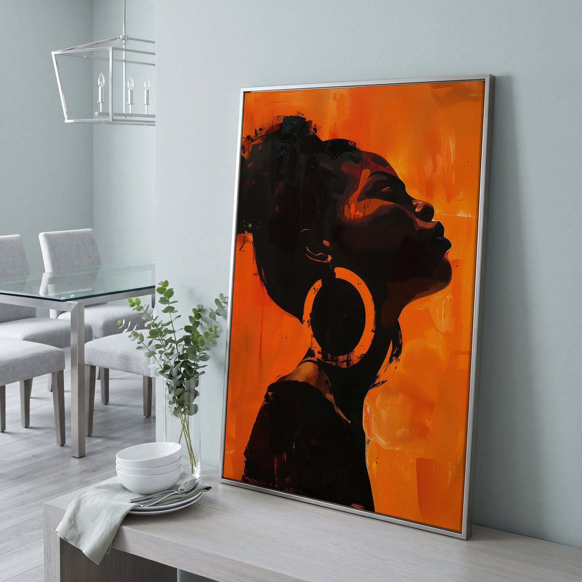 African American Woman Portrait Canvas Art in silver floating frame