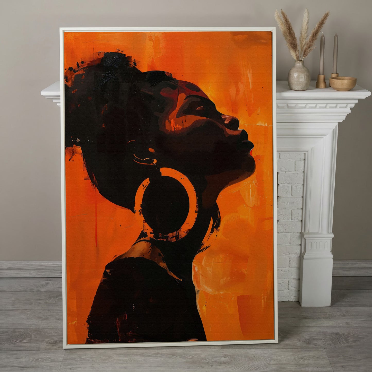African American Woman Portrait Canvas Art in white floating frame