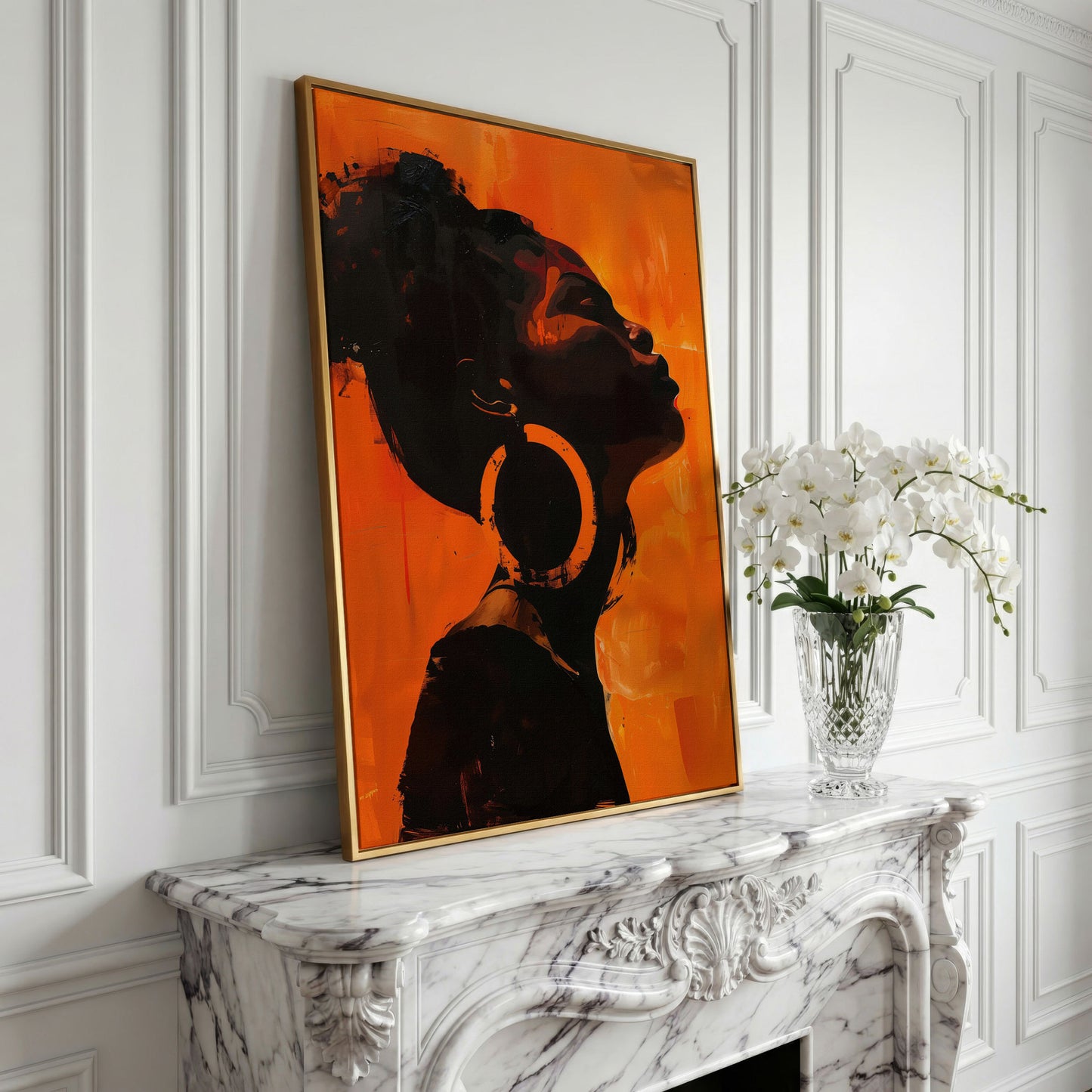African American Woman Portrait Canvas Art in yellow gold floating frame