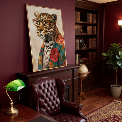 Leopard in Floral Jacket Canvas Print in antique gold floating frame