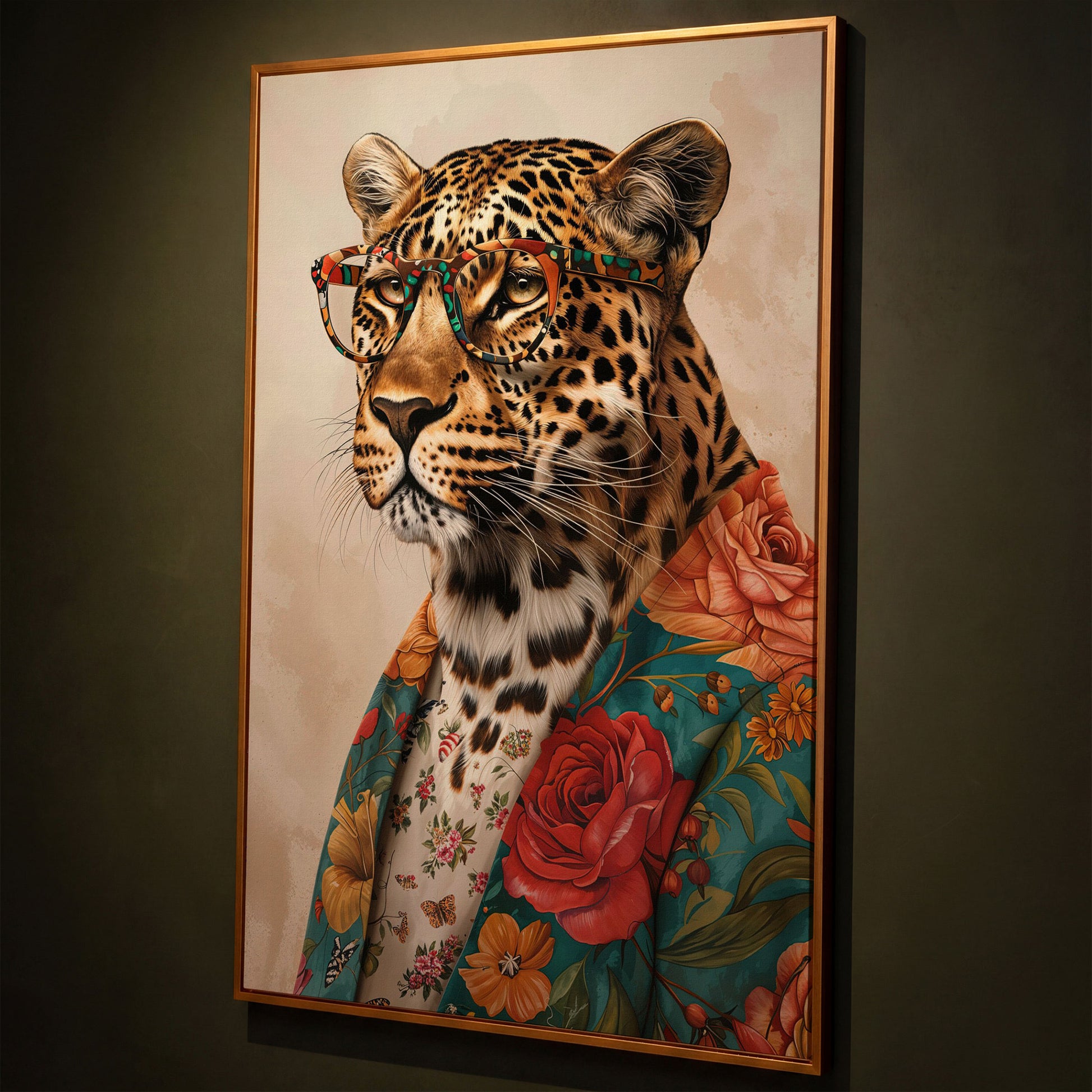 Leopard in Floral Jacket Canvas Print shown in antique gold floating frame