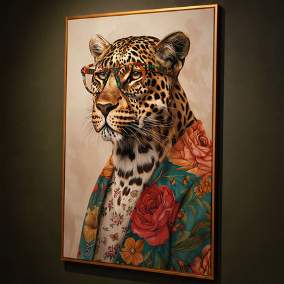Leopard in Floral Jacket Canvas Print shown in antique gold floating frame
