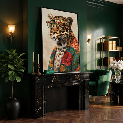 Leopard in Floral Jacket Canvas Print in black floating frame