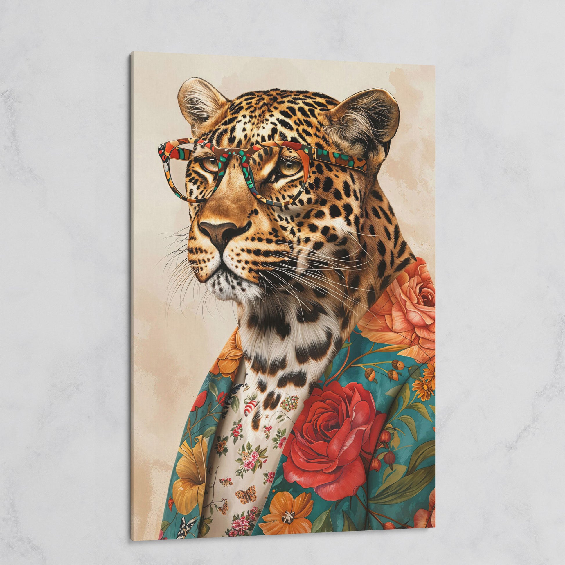 Leopard in Floral Jacket Canvas Print on gallery wrap