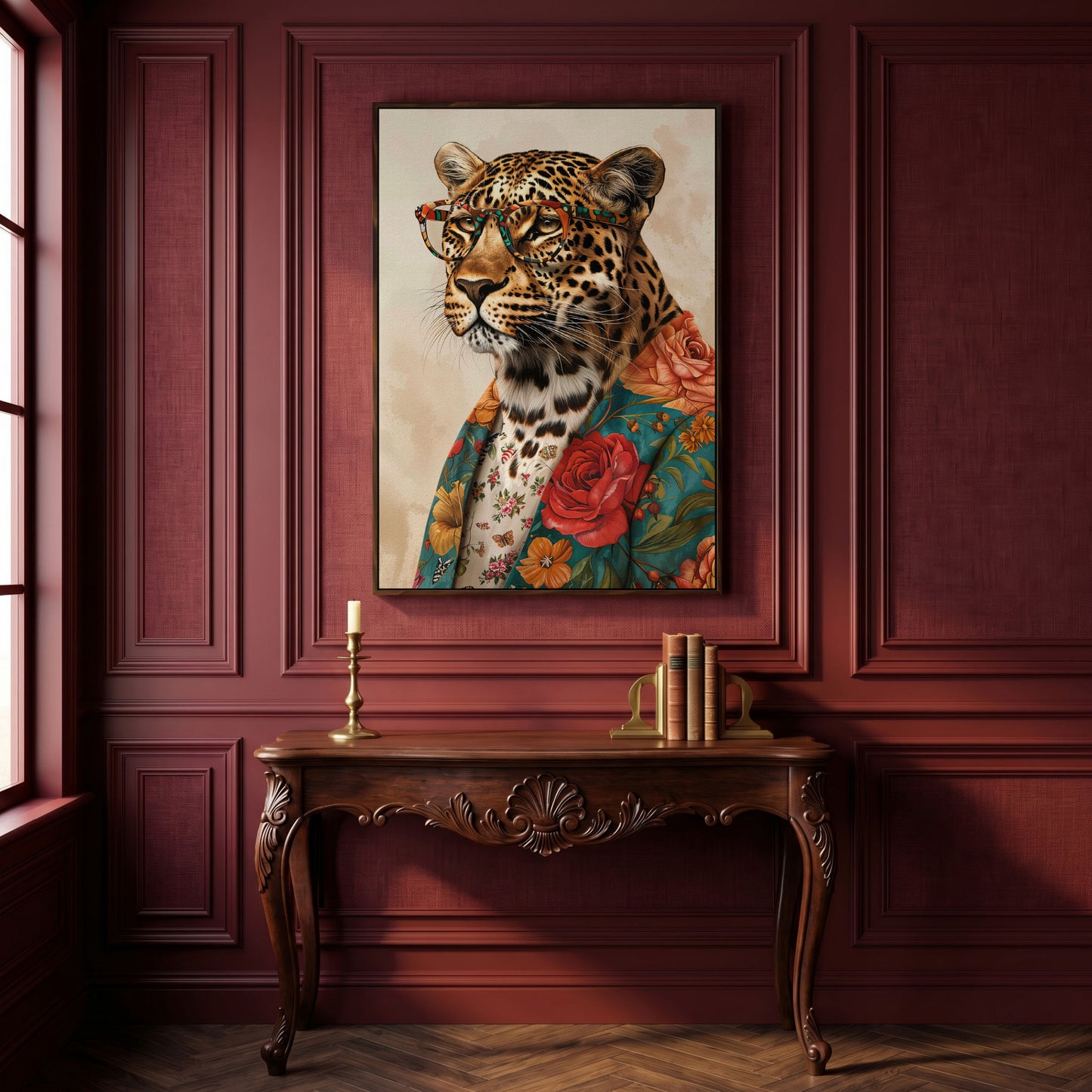 Leopard in Floral Jacket Canvas Print in dark walnut floating frame