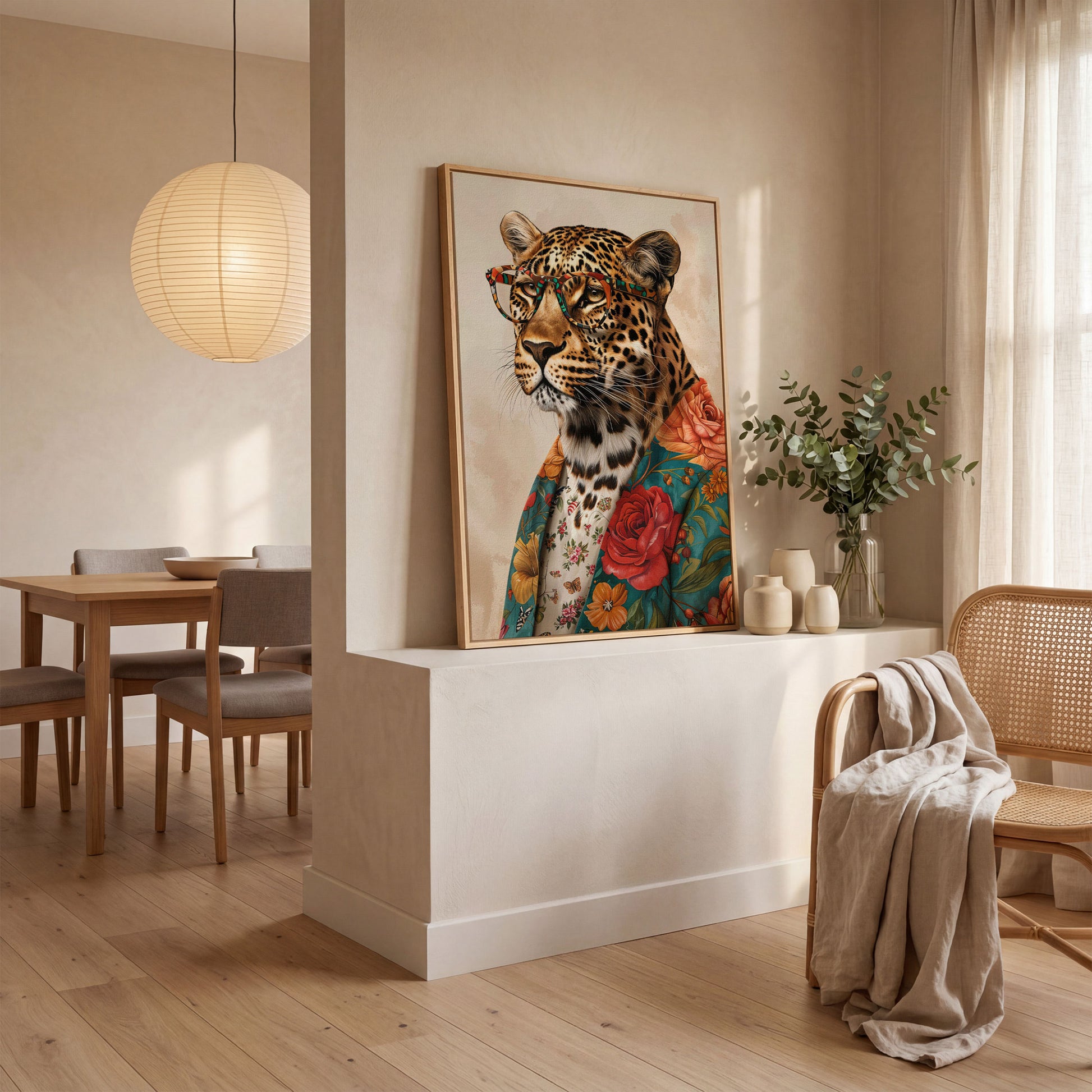 Leopard in Floral Jacket Canvas Print in white oak floating frame