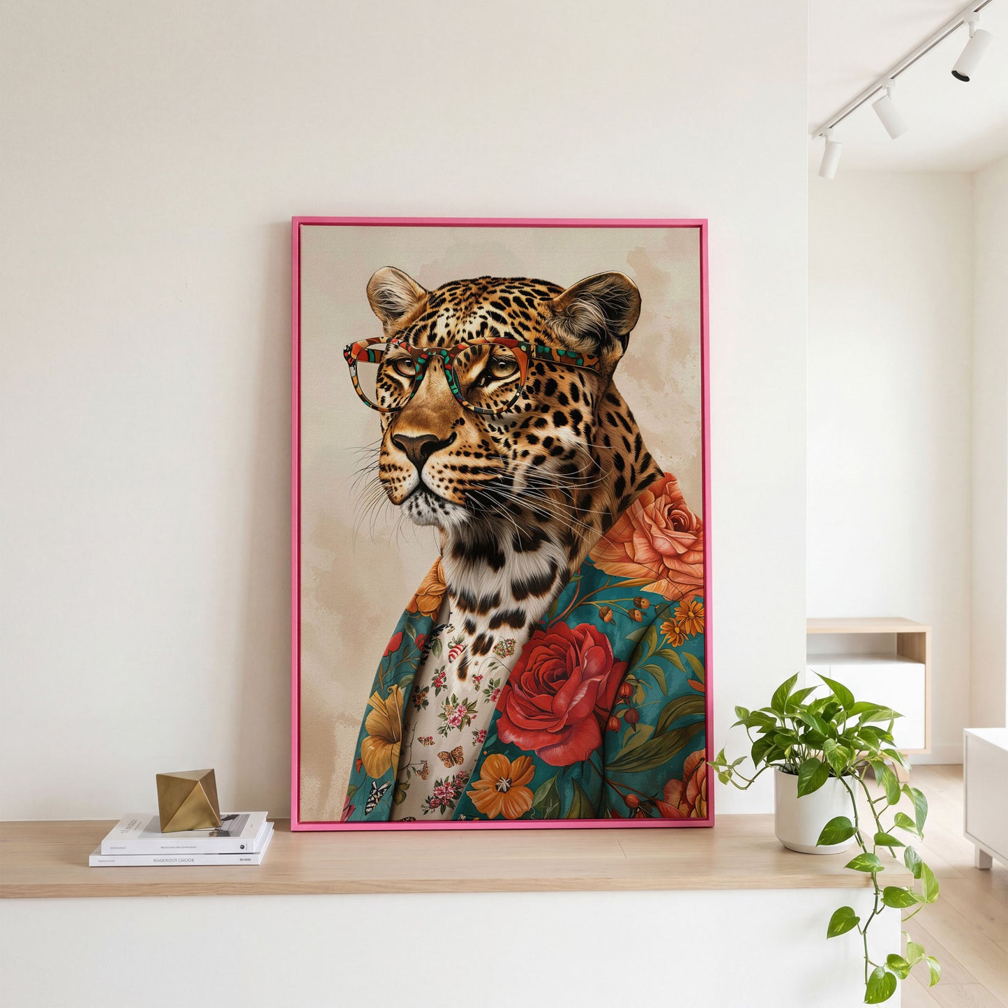 Leopard in Floral Jacket Canvas Print in pink floating frame