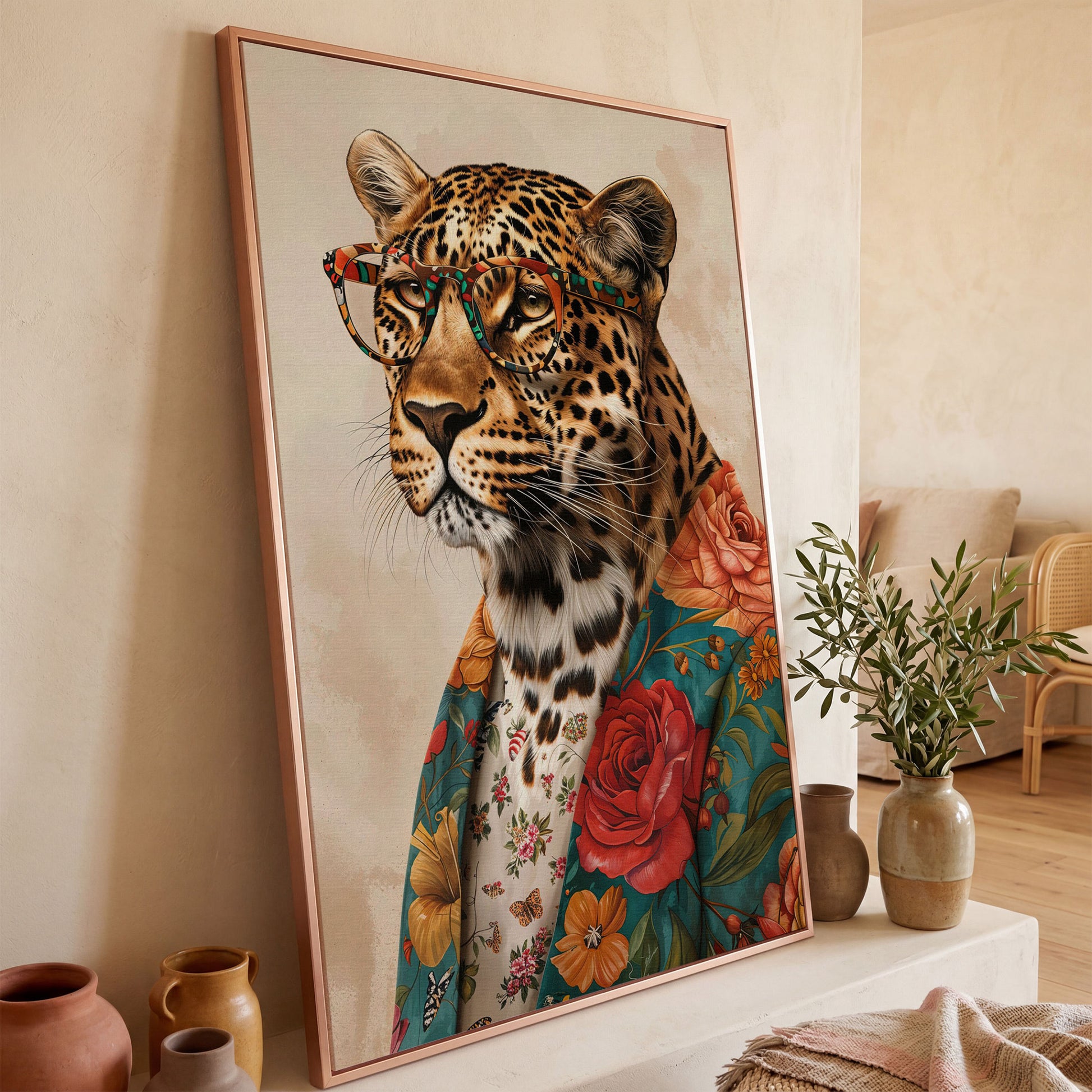 Leopard in Floral Jacket Canvas Print in rose gold floating frame