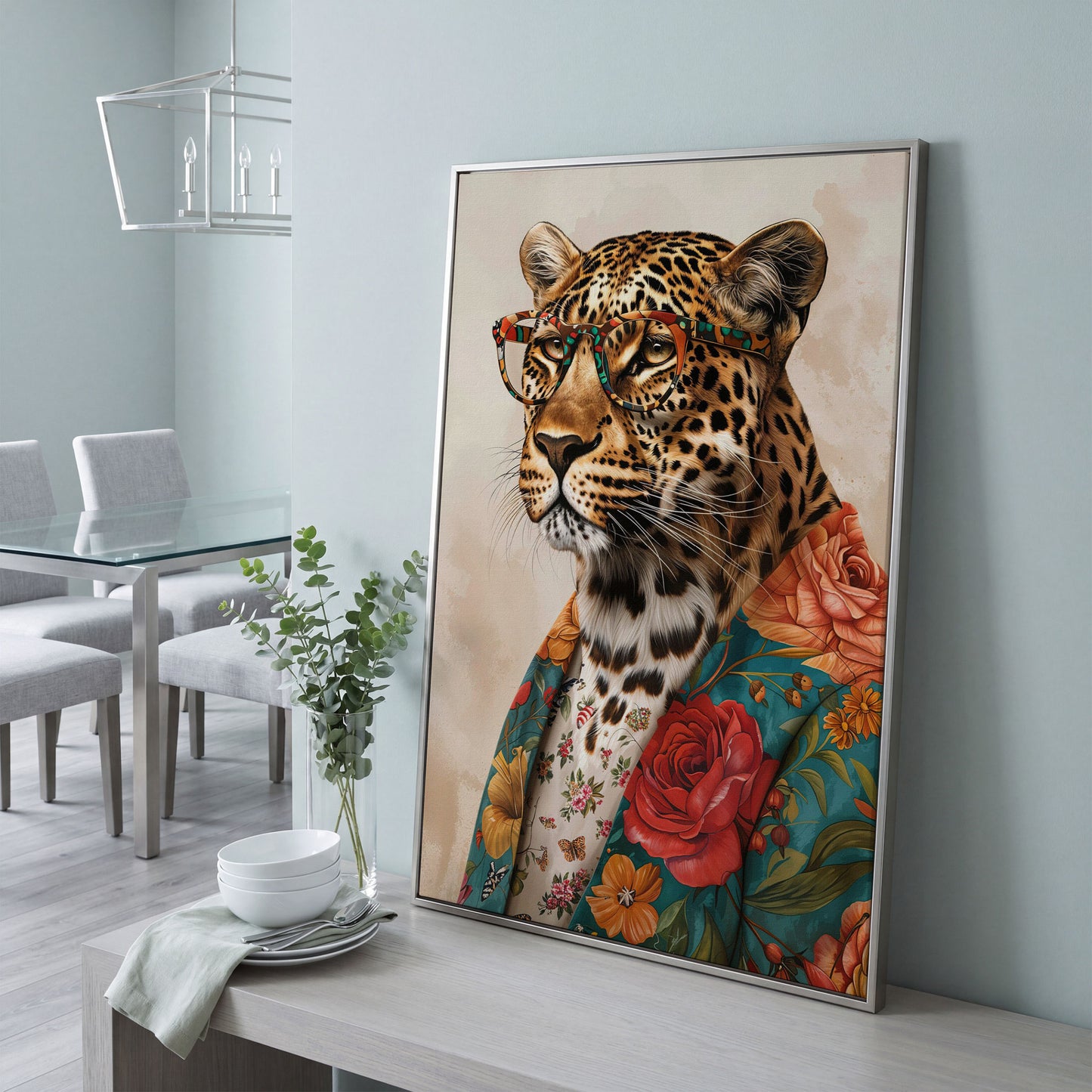 Leopard in Floral Jacket Canvas Print in silver floating frame