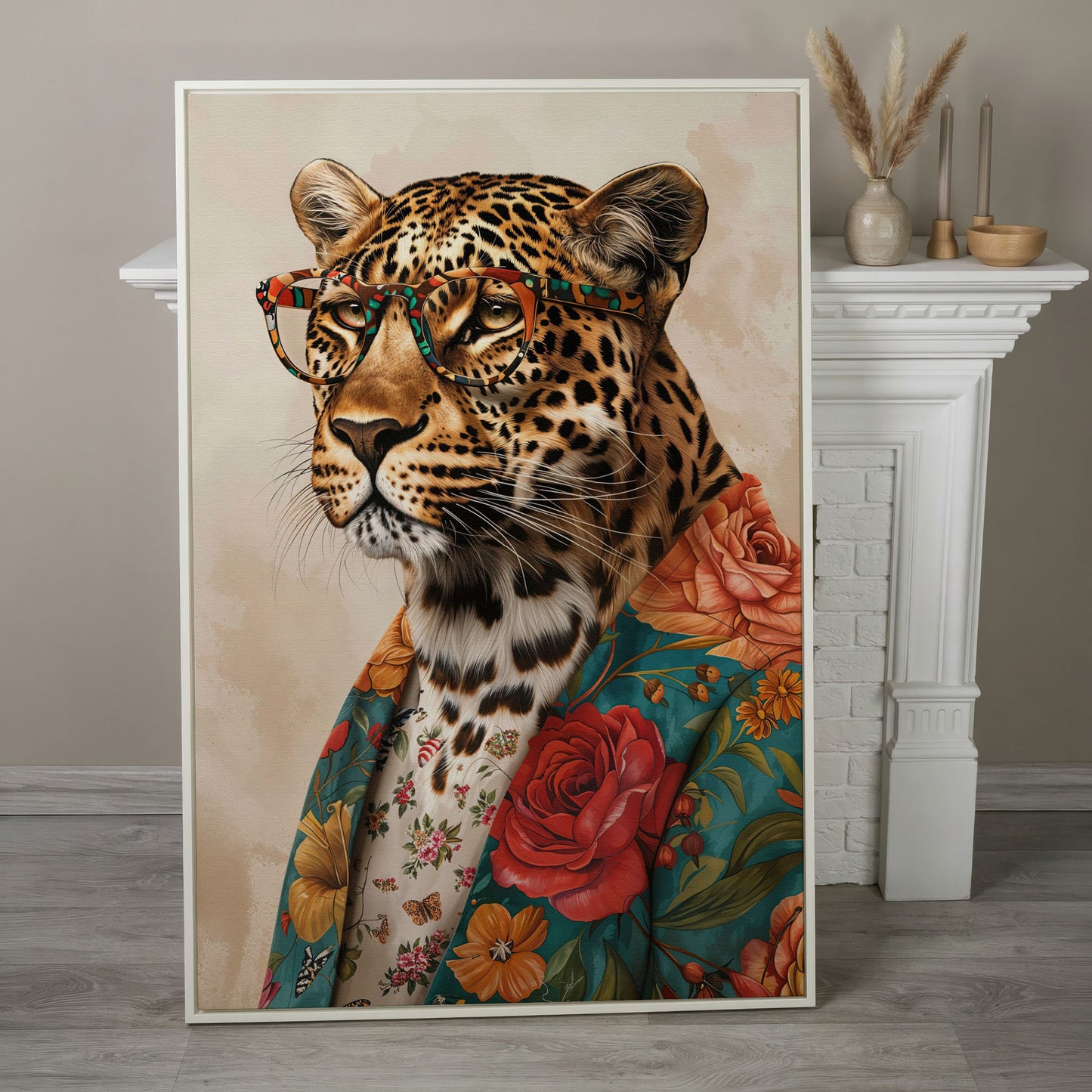 Leopard in Floral Jacket Canvas Print in white floating frame