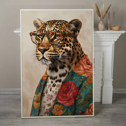 Leopard in Floral Jacket Canvas Print in white floating frame