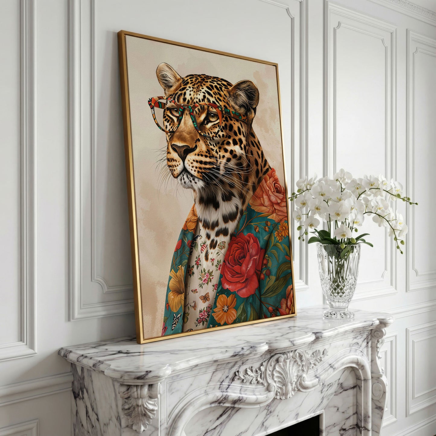 Leopard in Floral Jacket Canvas Print in yellow gold floating frame