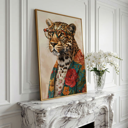 Leopard in Floral Jacket Canvas Print in yellow gold floating frame