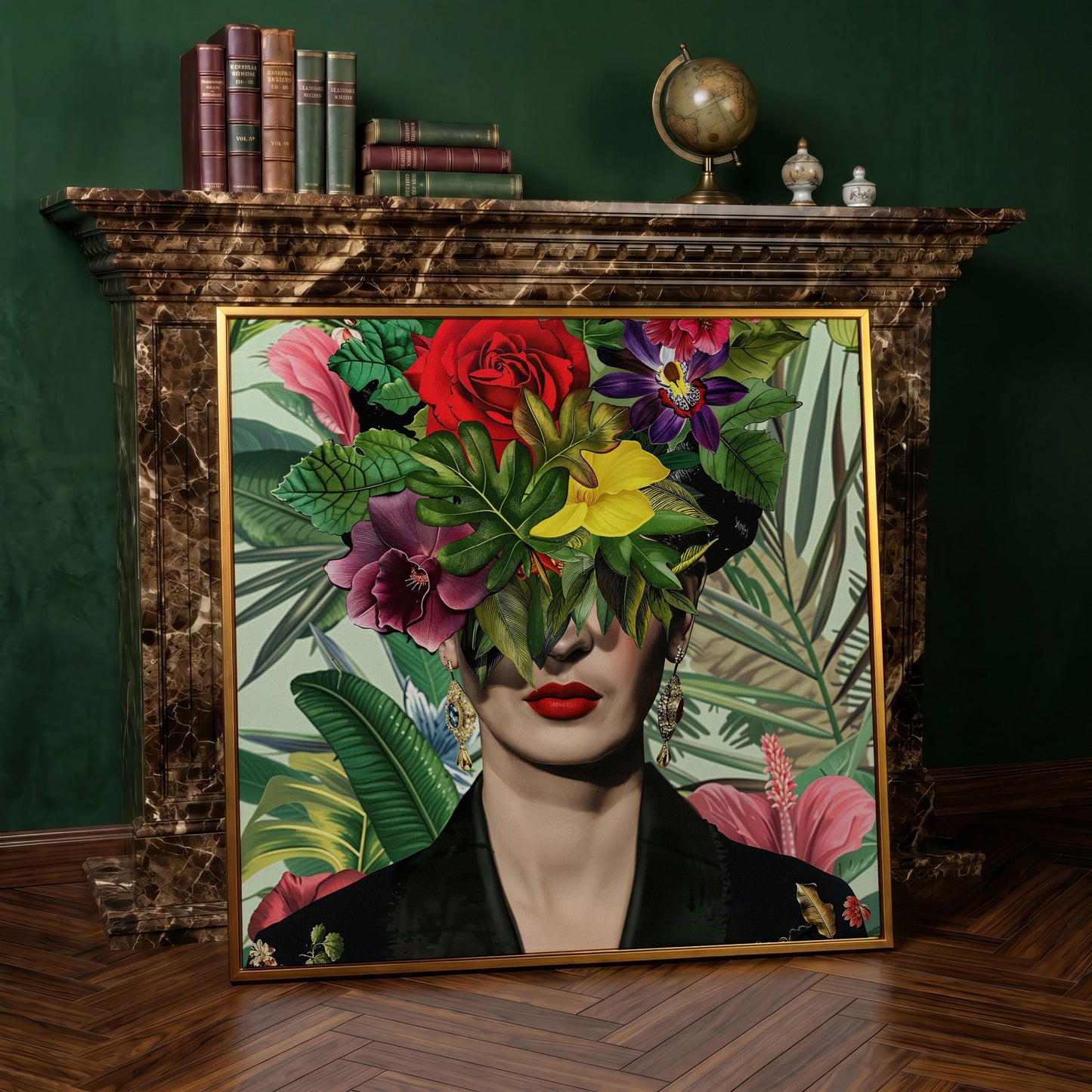 Frida-Inspired Floral Portrait Canvas Art, Square Format in antique gold floating frame