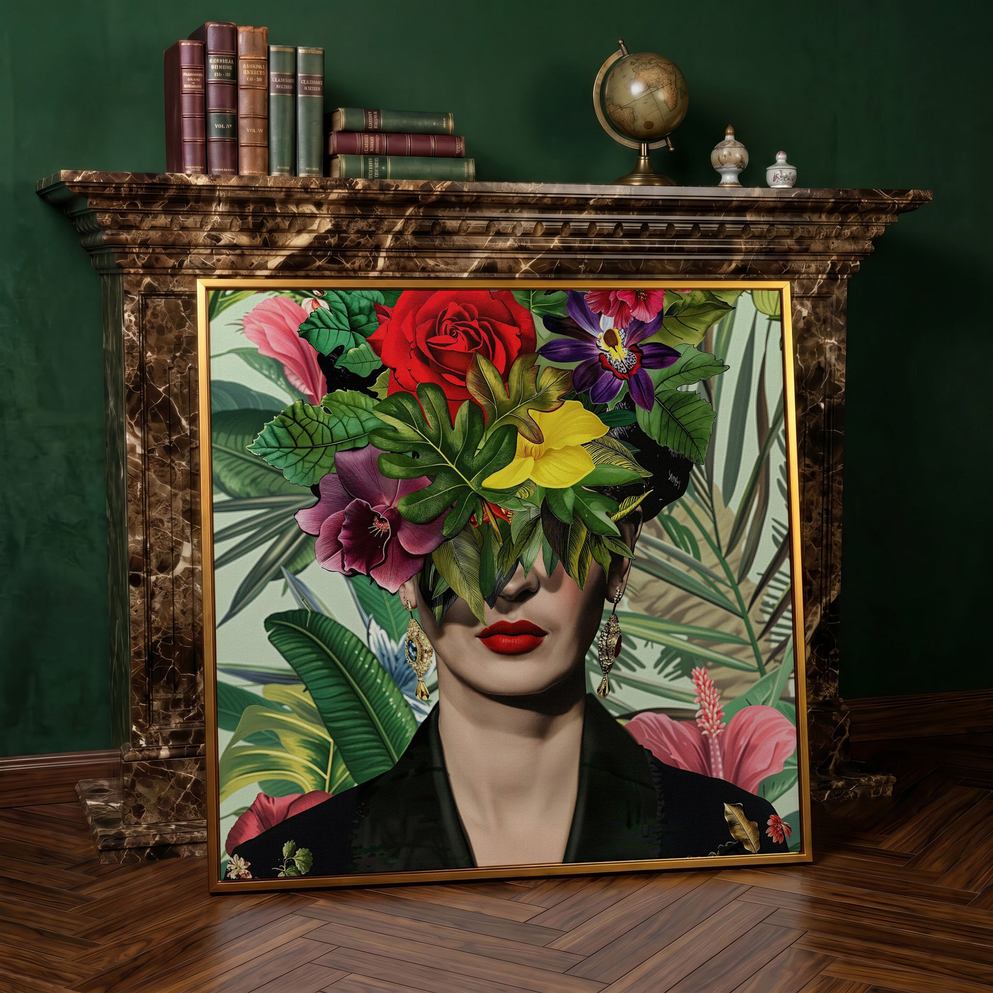 Frida-Inspired Floral Portrait Canvas Art, Square Format in antique gold floating frame
