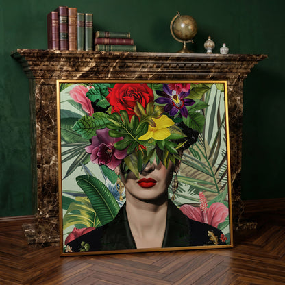 Frida-Inspired Floral Portrait Canvas Art, Square Format in antique gold floating frame