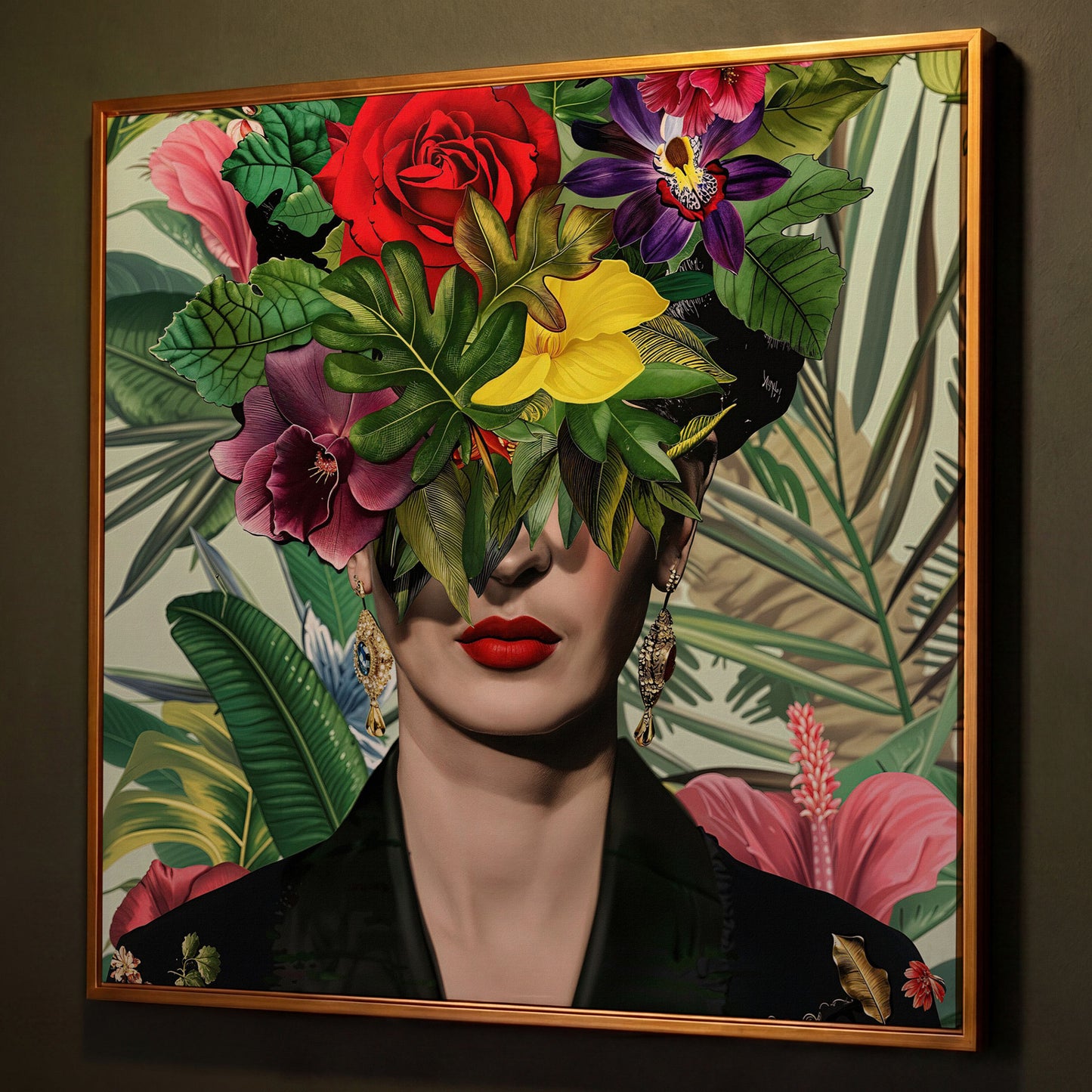 Frida-Inspired Floral Portrait Canvas Art, Square Format shown in antique gold floating frame