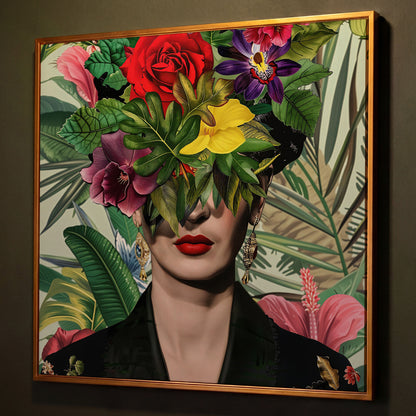 Frida-Inspired Floral Portrait Canvas Art, Square Format shown in antique gold floating frame