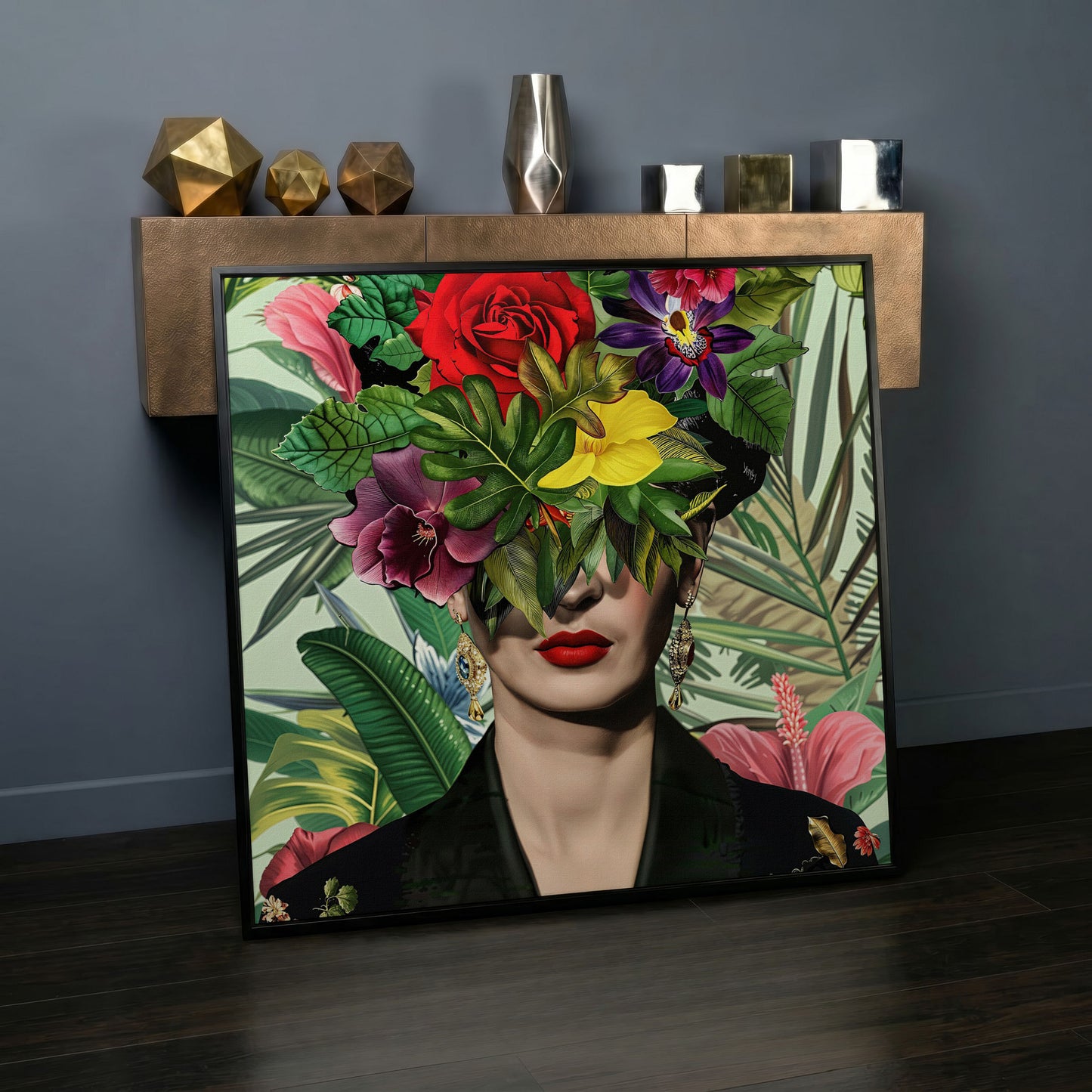 Frida-Inspired Floral Portrait Canvas Art, Square Format in black floating frame