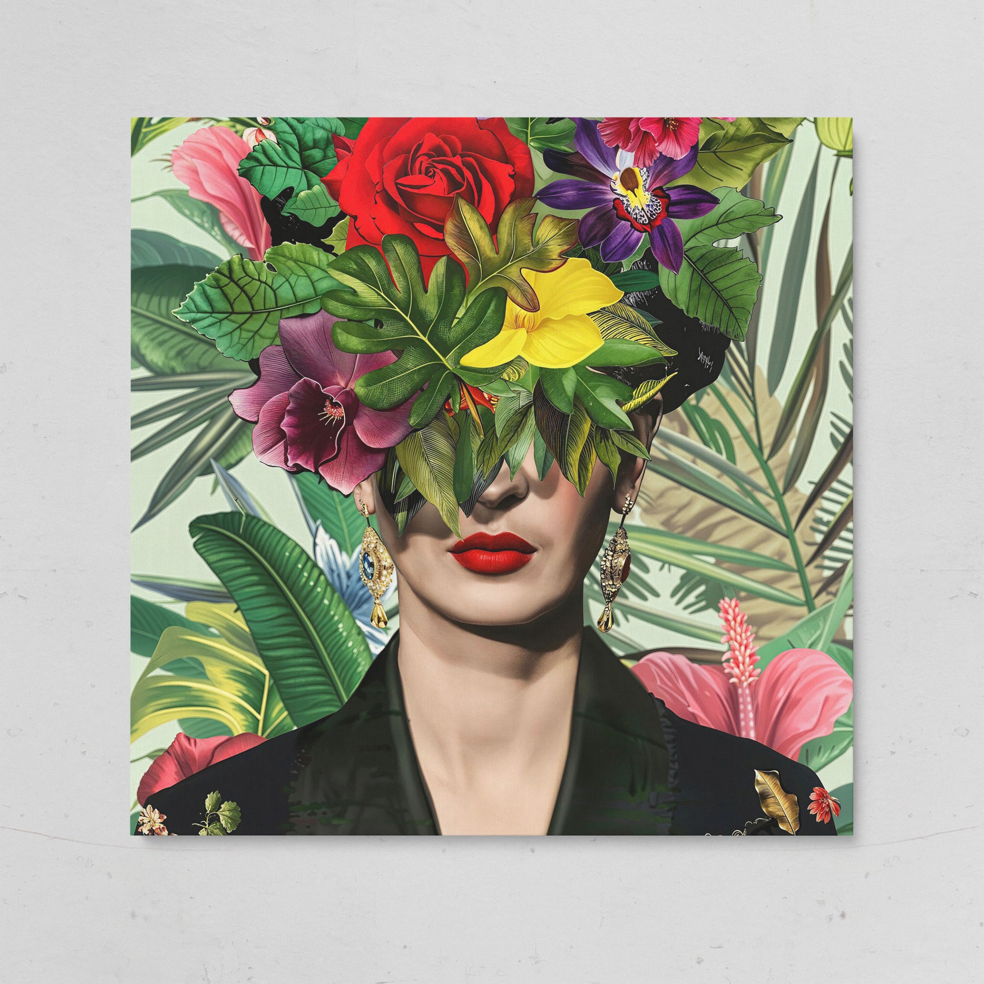 Frida-Inspired Floral Portrait Canvas Art, Square Format on gallery wrap