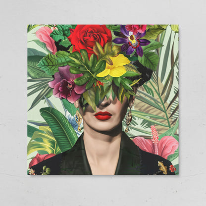 Frida-Inspired Floral Portrait Canvas Art, Square Format on gallery wrap