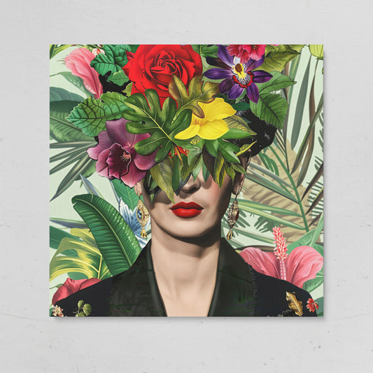 Frida-Inspired Floral Portrait Canvas Art, Square Format on gallery wrap