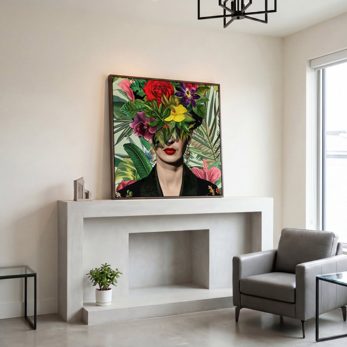 Frida-Inspired Floral Portrait Canvas Art, Square Format in dark walnut floating frame